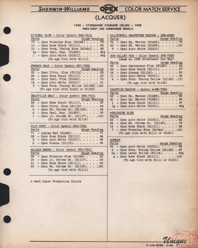 1939 Studebaker Paint Charts Williams 2